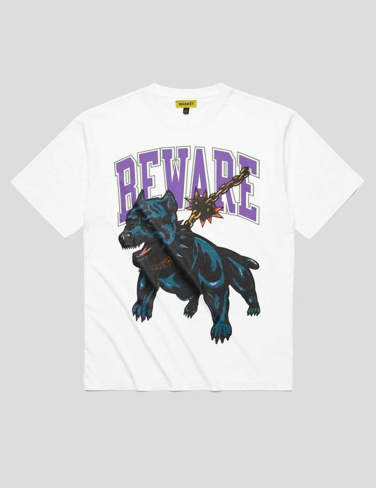T-shirt MARKET beware dog washed tee white